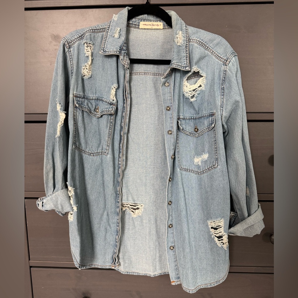 American Threads Denim Button Up Distressed Top - Small